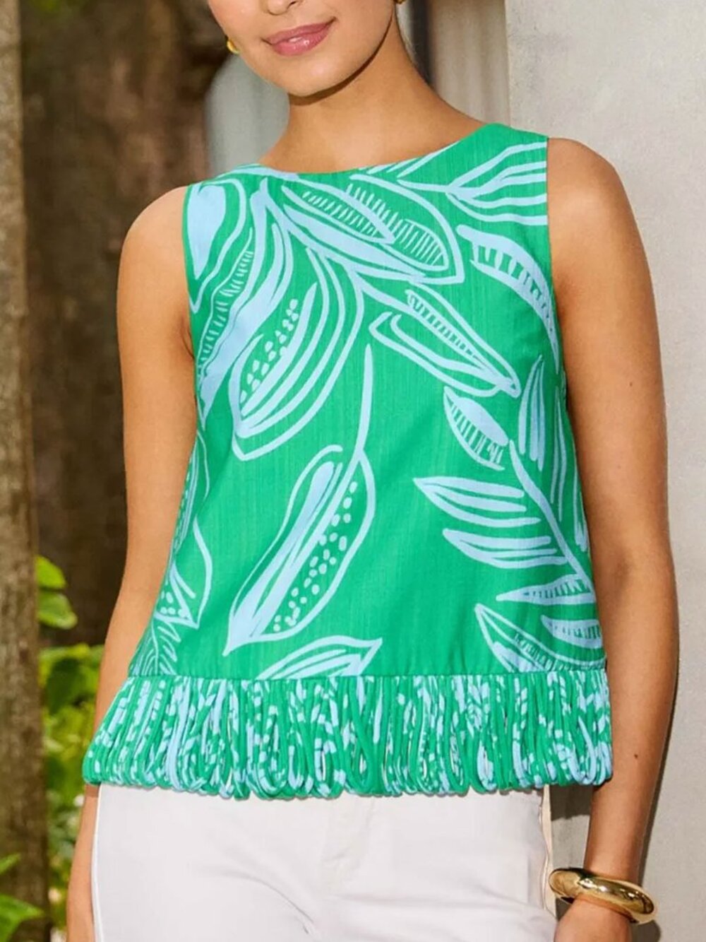 Angelina Green Printed Fringe Top